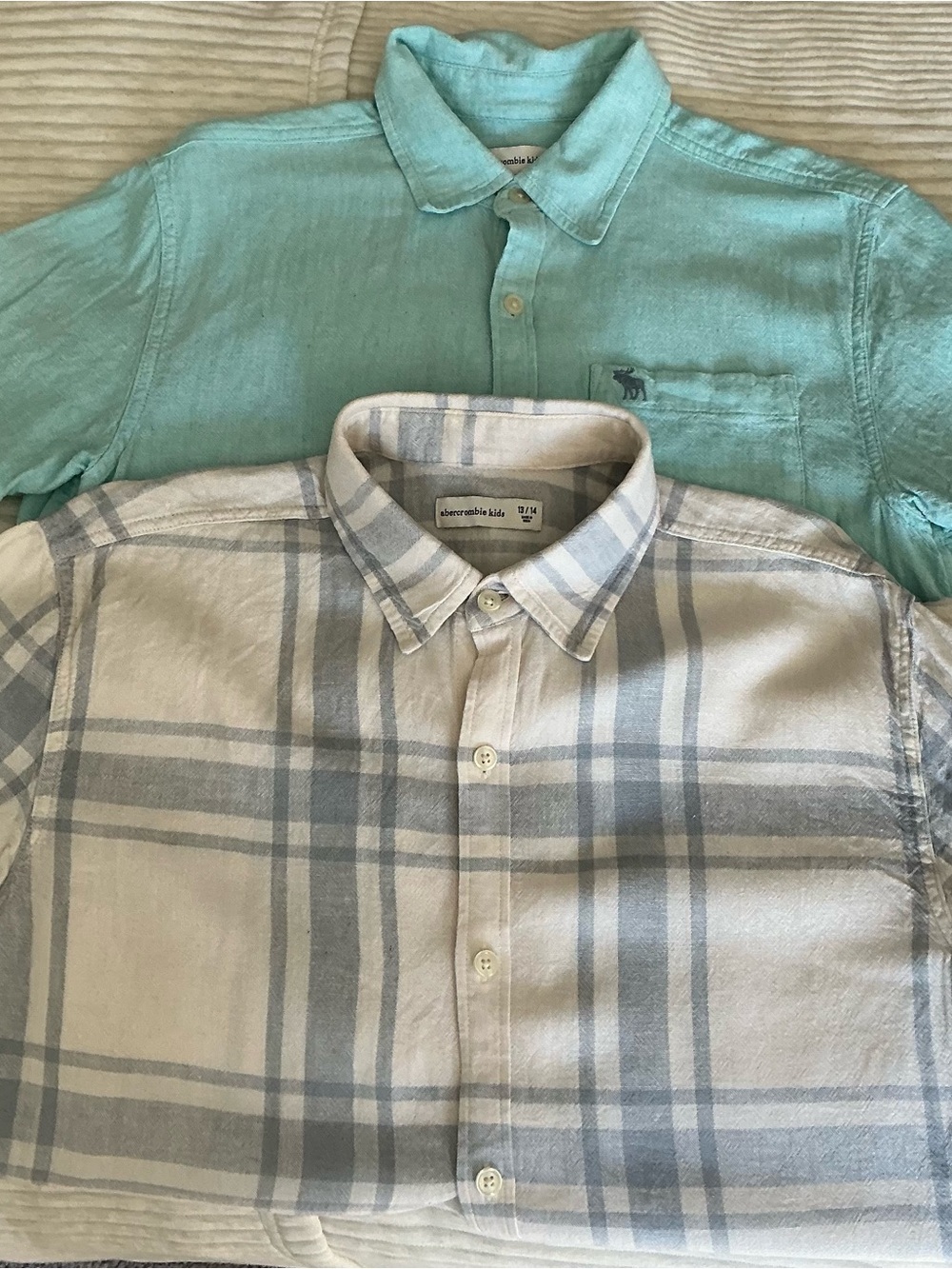Abercrombie Kids Linen Blend Button Up Shirts 13/14 Bundle Blue Plaid & Aqua